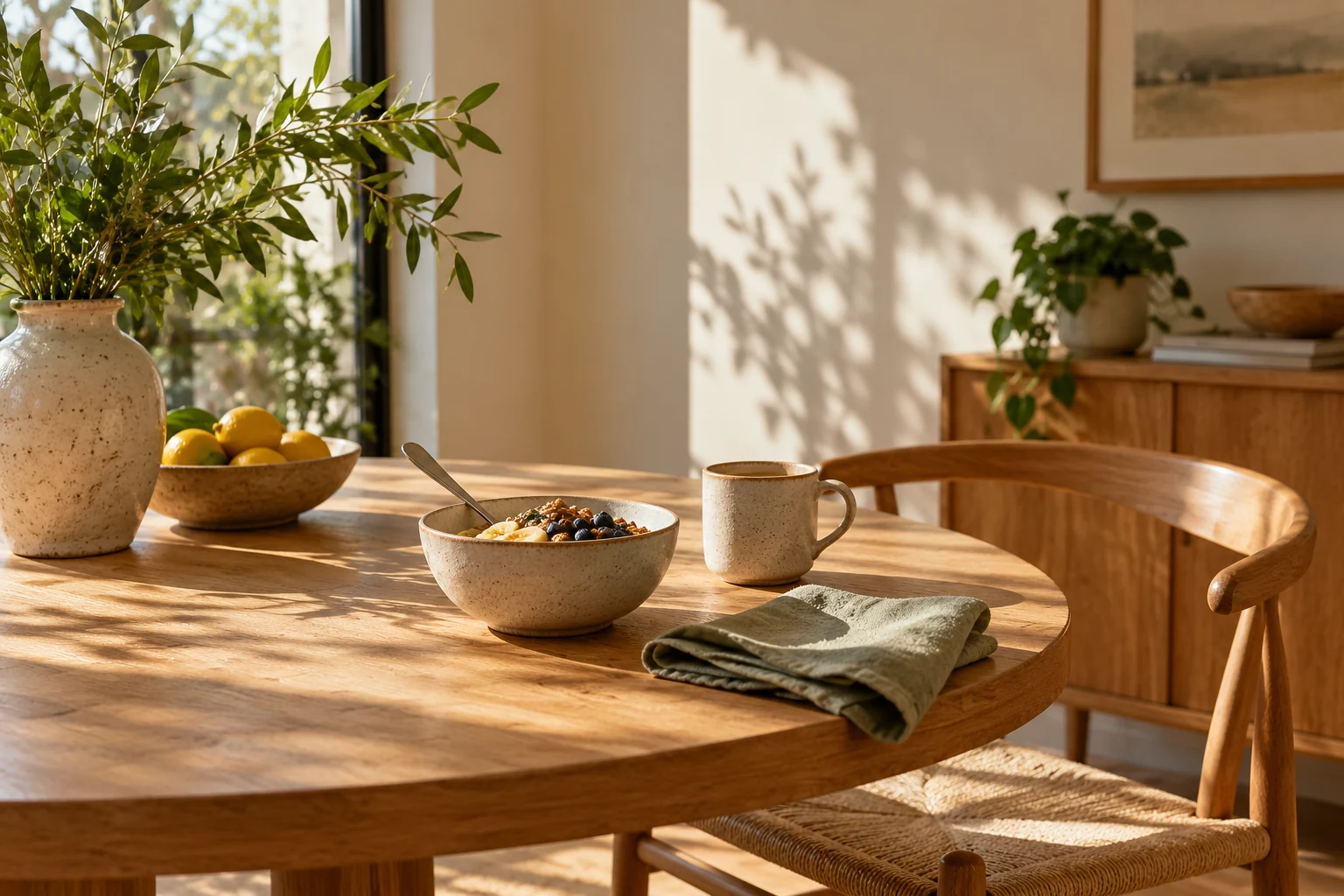 Simple ceramics and a sage napkin on a sunlit wooden dining table