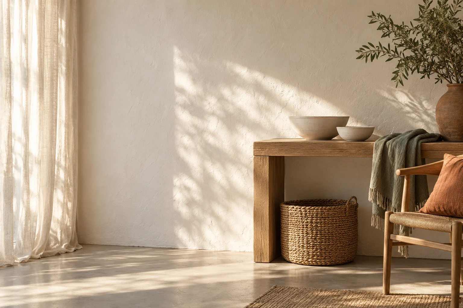 A sunlit living space with natural textures and simple everyday home essentials