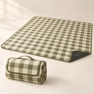 Foldable Picnic Blanket in Cream and olive check